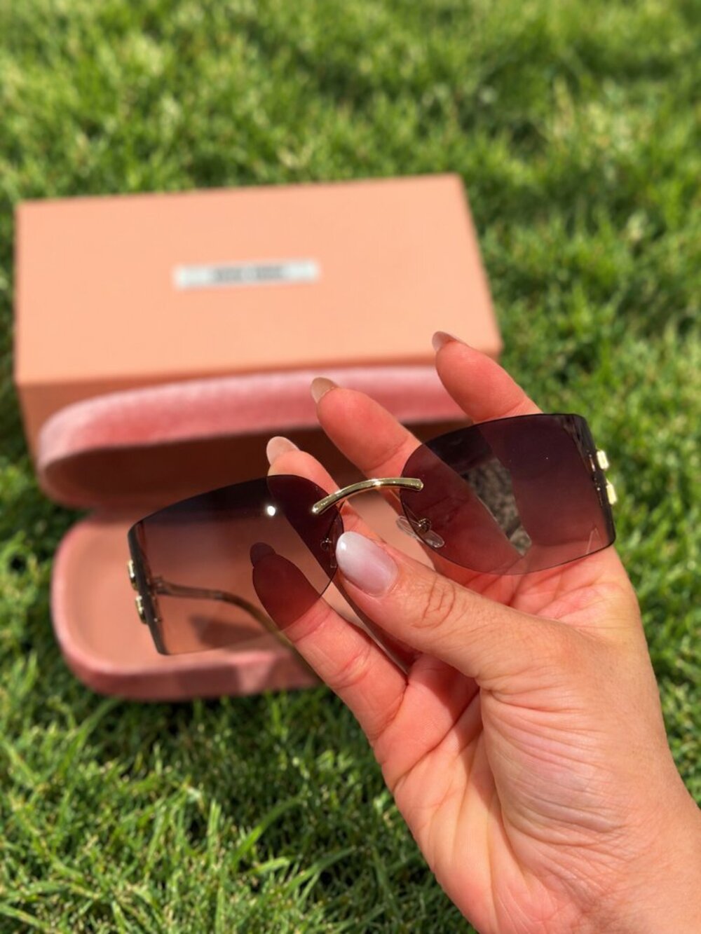 Miu Miu Brown Gradient Rimless Shield Sunglasses Gold Y2K Glam